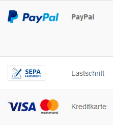 Payment method, Zahlungsweisen, paypal, sepa, visa and mastercard